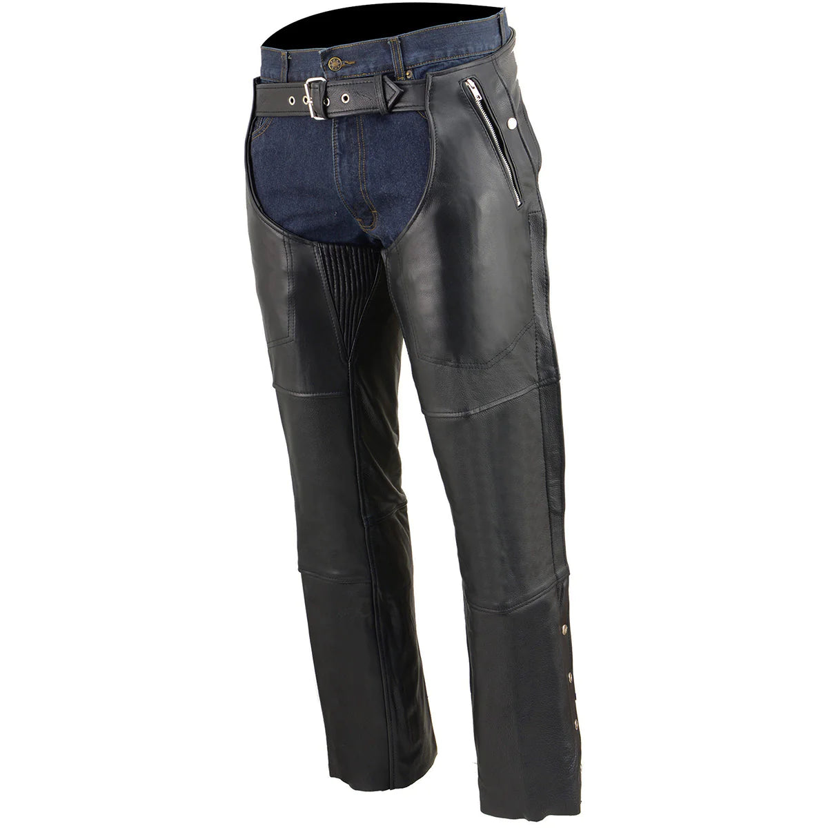 Men's Black Leather Four Pocket Thermal Lined Motorcycle Chaps