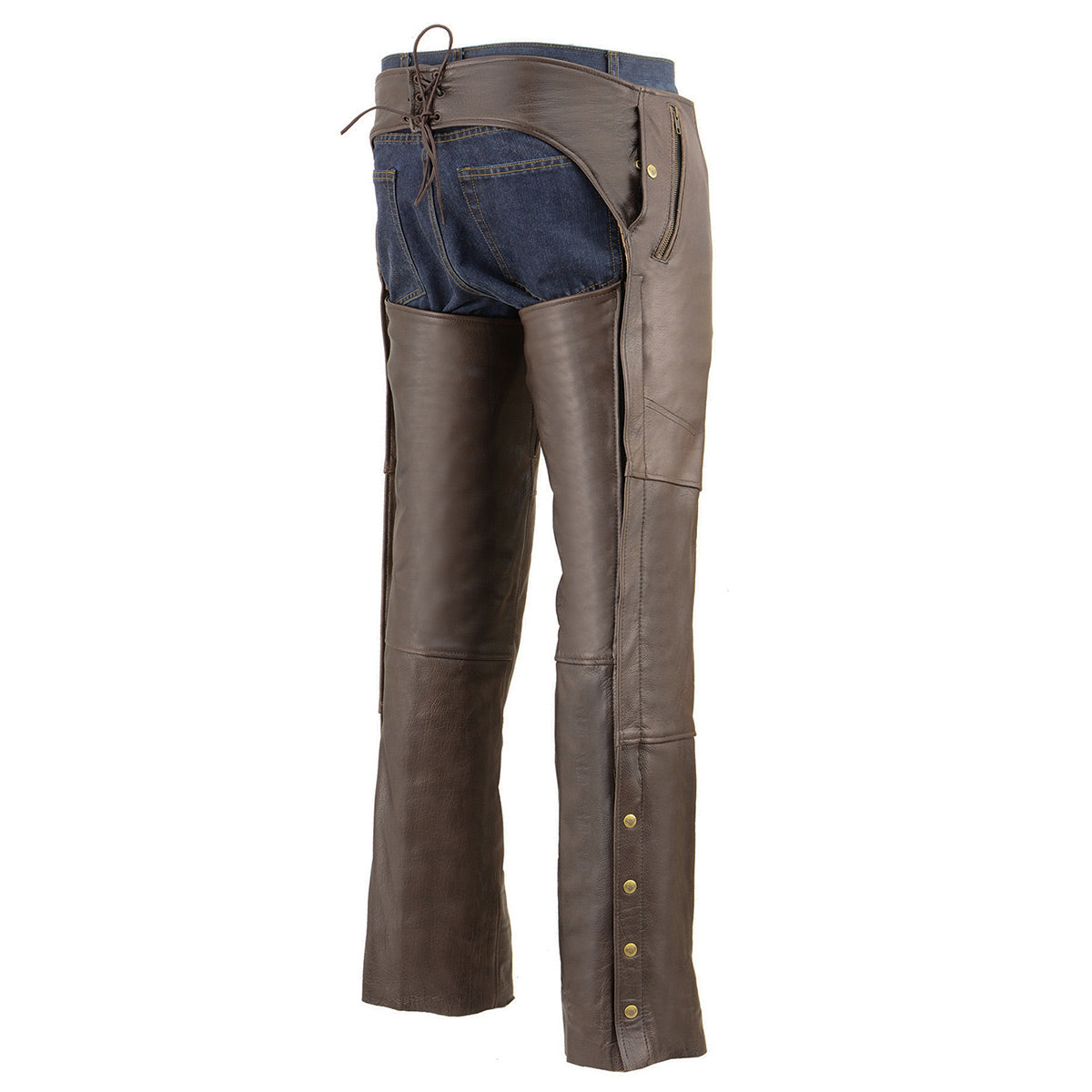 Men's Retro Brown Premium Leather Motorcycle Rider Chaps With Snap Out Thermal Liner 4-Pockets ML1191RT