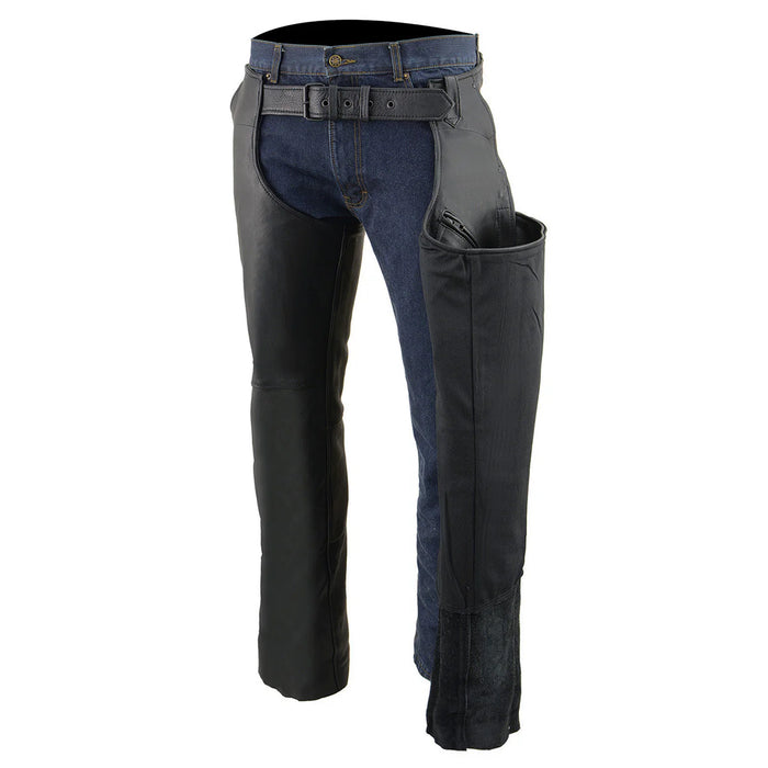 Men's Black 3-Pocket Leather Chaps with Thigh Patch Pocket