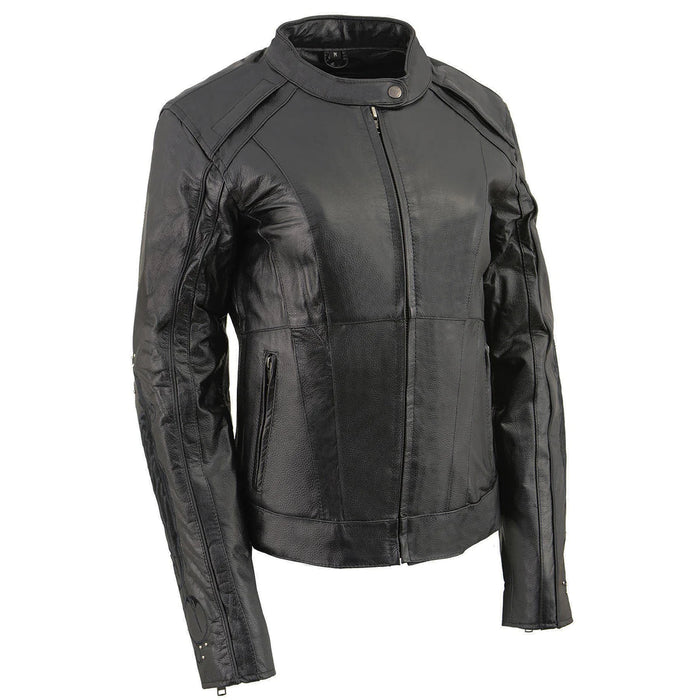 Women's Black 'Embroidered Wing and Stud Design' Leather Scooter Jacket