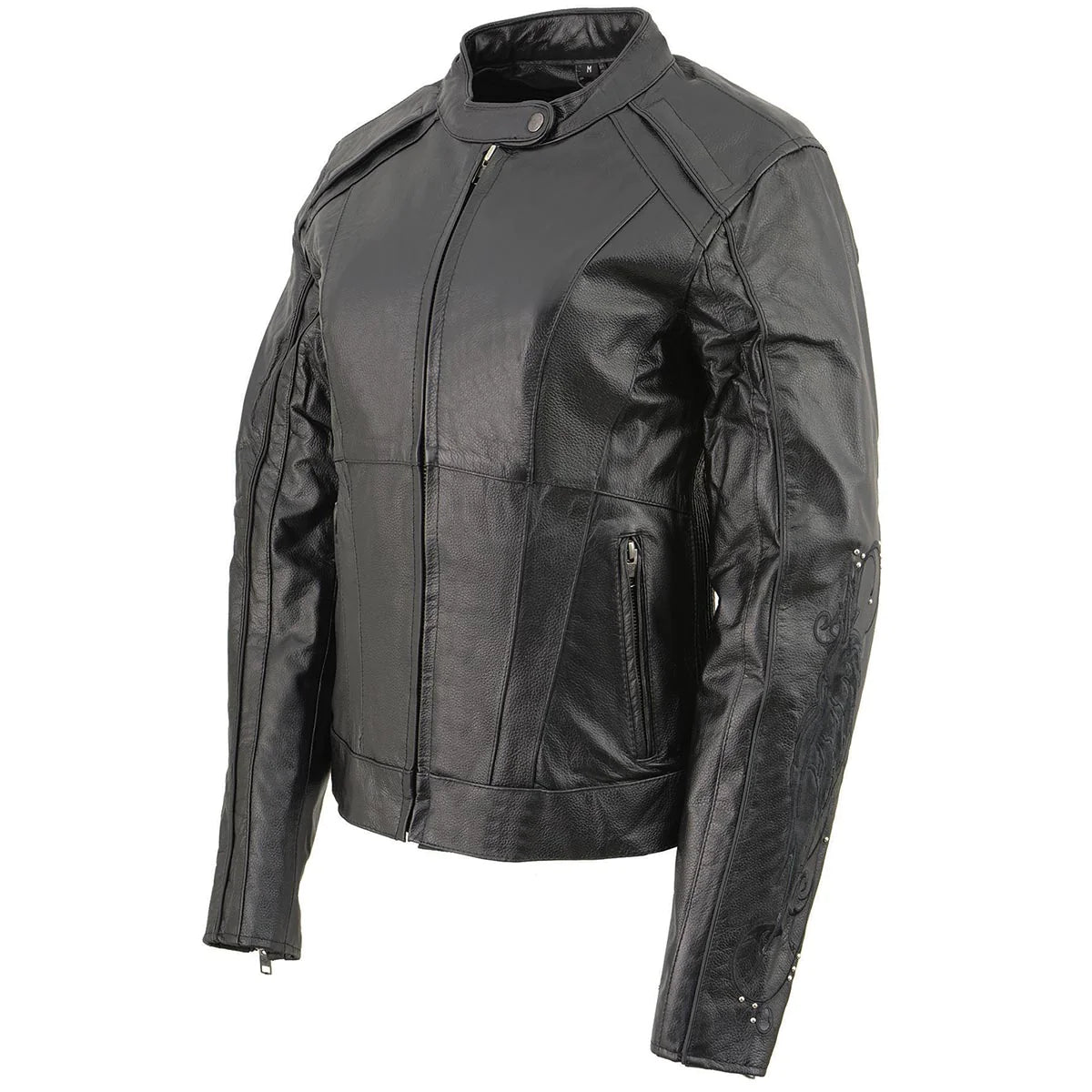 Women's Black 'Embroidered Wing and Stud Design' Leather Scooter Jacket