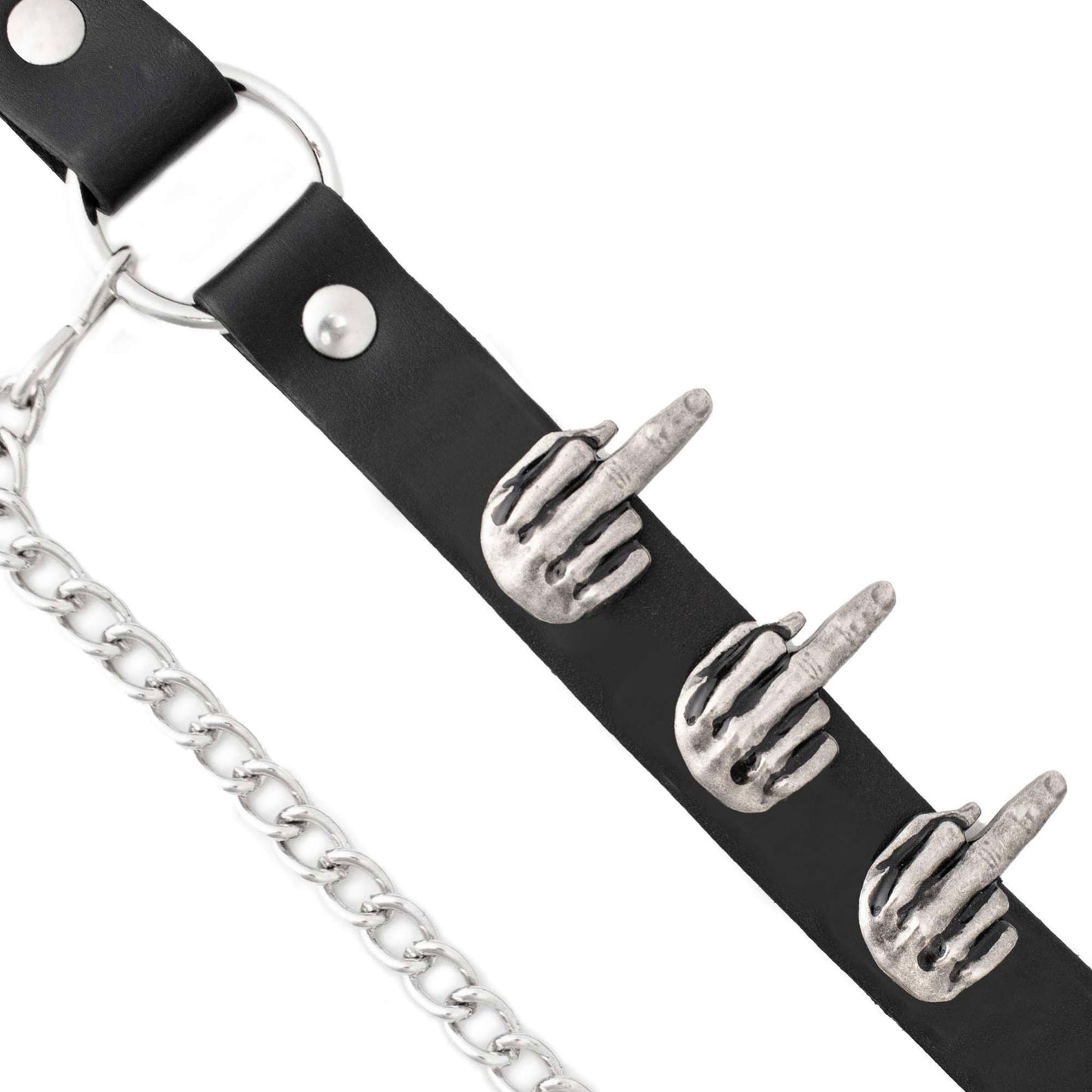 Silver Middle Finger Emblem Boot Chain Adjustable Leather Strap 42in