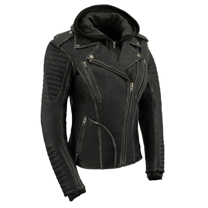 Black Leather Rub-Off Leather Jacket with Hoodie for Women