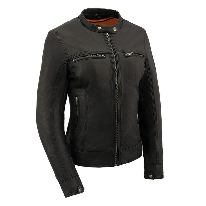 Women's Scooter Black Leather Vented Lightweight Triple Stitch Motorcycle Jacket