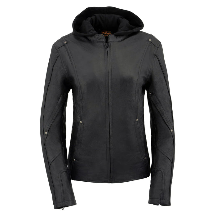 Women's Black 3/4 Hooded Leather Jacket with Side Stretch