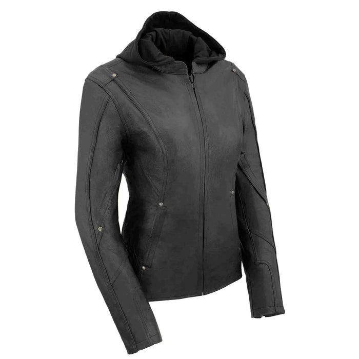 Women's Black 3/4 Hooded Leather Jacket with Side Stretch