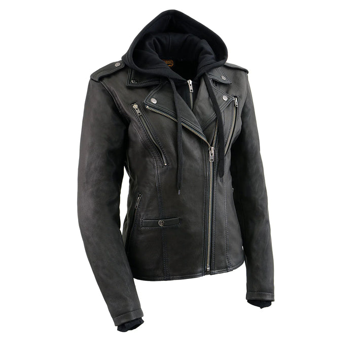 Women's Black Leather Vented Motorcycle Jacket w/ Removable Hoodie