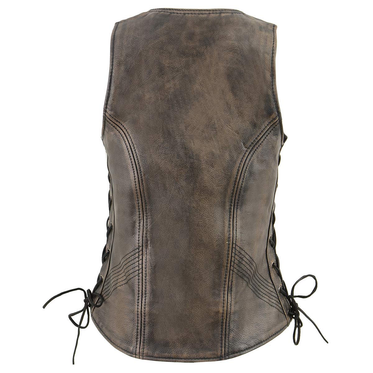 Women's Distressed Brown ‘Open Neck’ Motorcycle Leather Vest with Side Laces