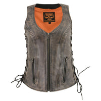 Women's Distressed Brown ‘Open Neck’ Motorcycle Leather Vest with Side Laces