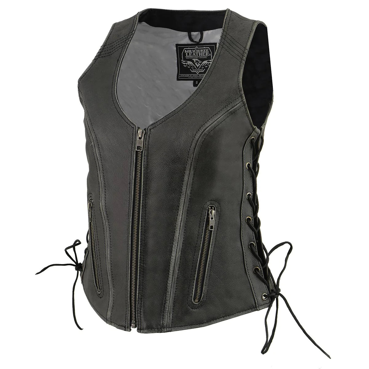 Women's Distressed Grey ‘Open Neck’ Leather Vest with Side Laces