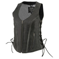 Women's Distressed Grey ‘Open Neck’ Leather Vest with Side Laces