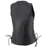 Women's Black 'Open Neck’ Motorcycle Leather Vest with Side Laces