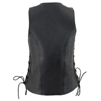 Women's Black 'Open Neck’ Motorcycle Leather Vest with Side Laces