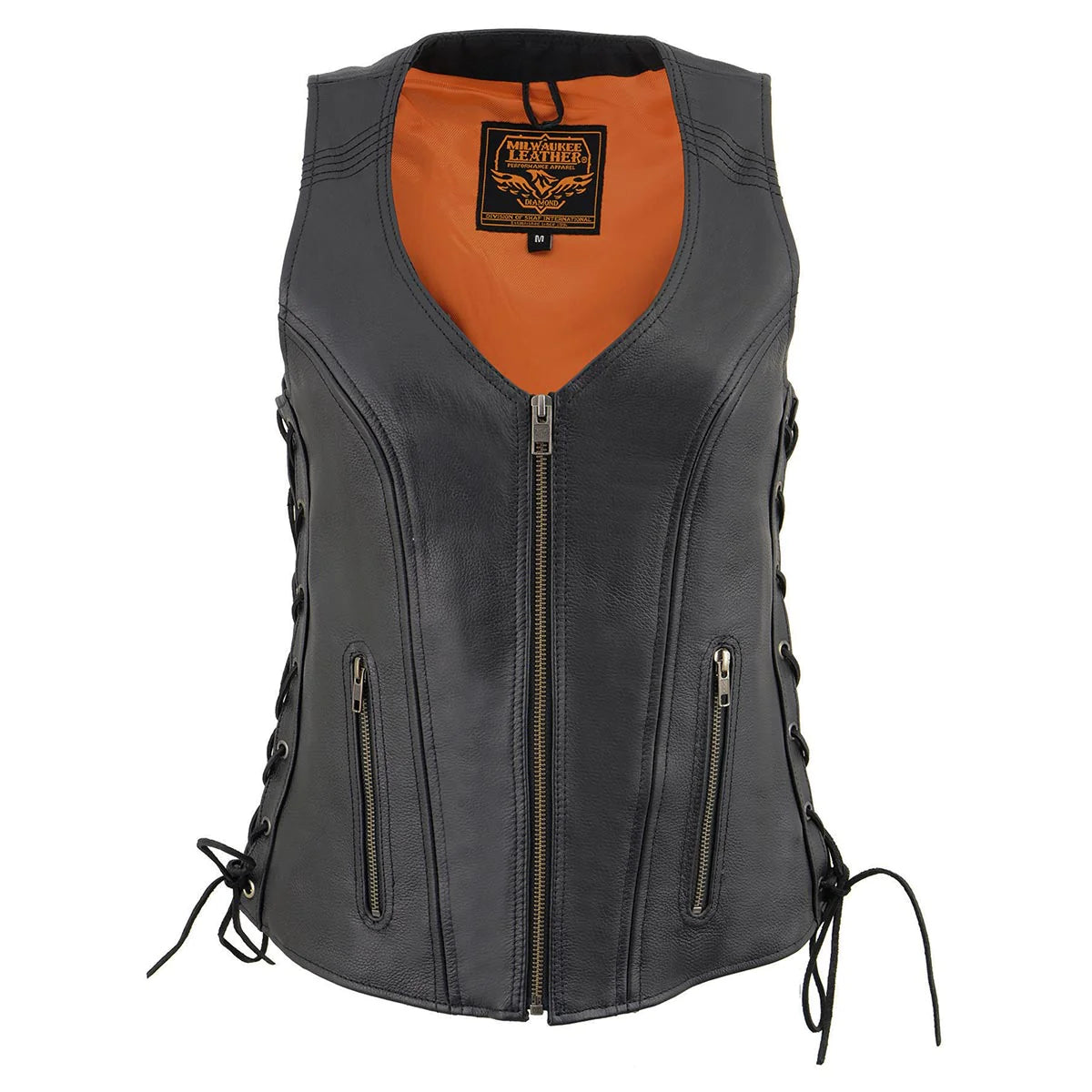 Women's Black 'Open Neck’ Motorcycle Leather Vest with Side Laces