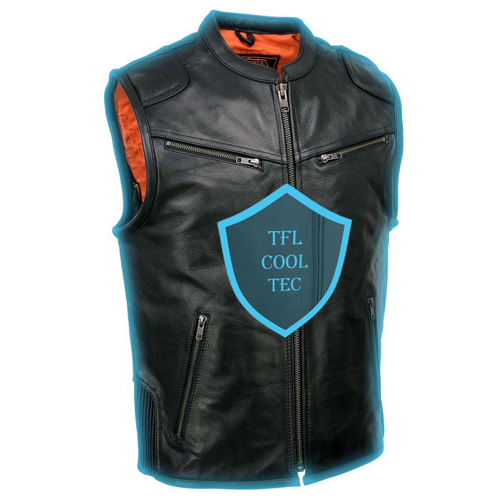 Men's Black Cool-Tec Leather Vest Front Zipper Motorcycle Rider Vest with Stand-Up Collar