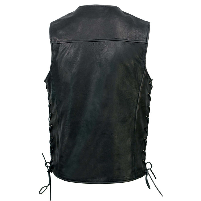 Men's Black Premium Leather Classic V-Neck Side Lace Motorcycle Rider Vest