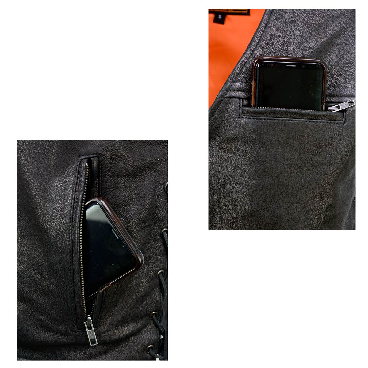 Men's Black Premium Leather Classic V-Neck Side Lace Motorcycle Rider Vest