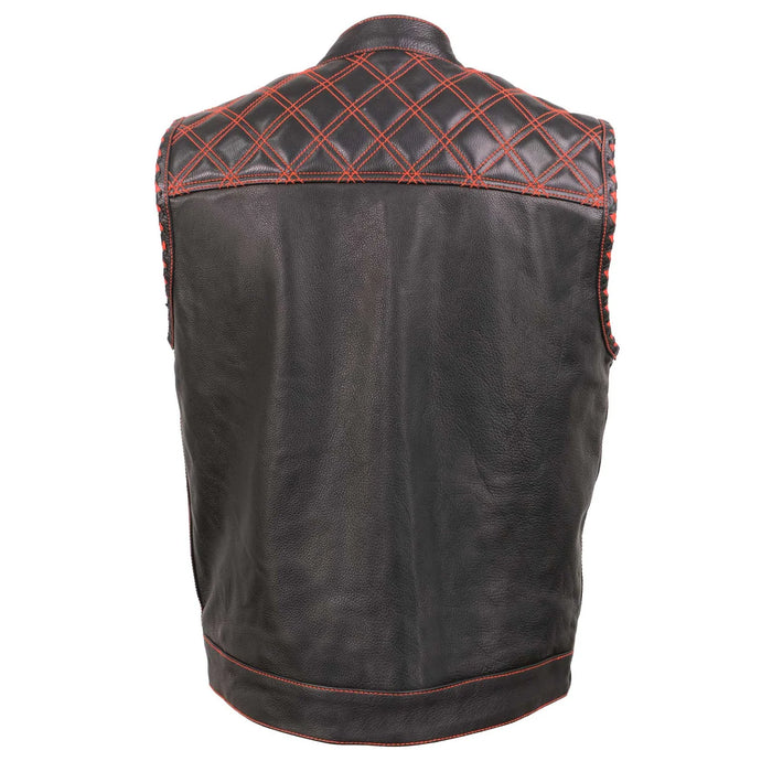 Men's Black 'Paisley' Accented Red Stitching Leather Vest – w/ Armhole Trim Open Collar Design