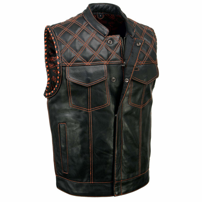 Men's Black 'Checkered Flag' Accented Orange Stitching Leather Vest – W/ Armhole Trim