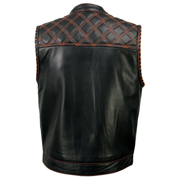 Men's Black 'Checkered Flag' Accented Orange Stitching Leather Vest – W/ Armhole Trim