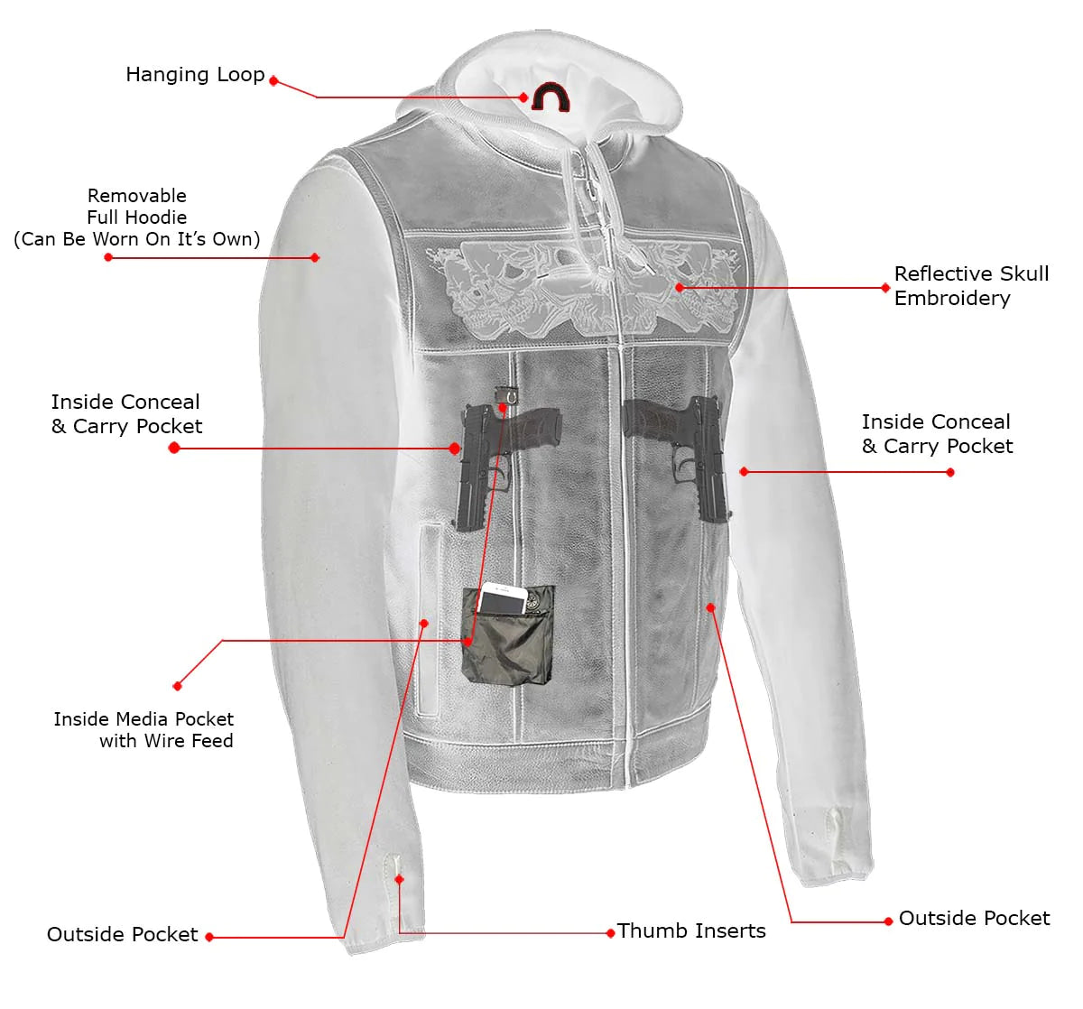 Men's '2 in 1' Black Leather Vest with Reflective Skulls