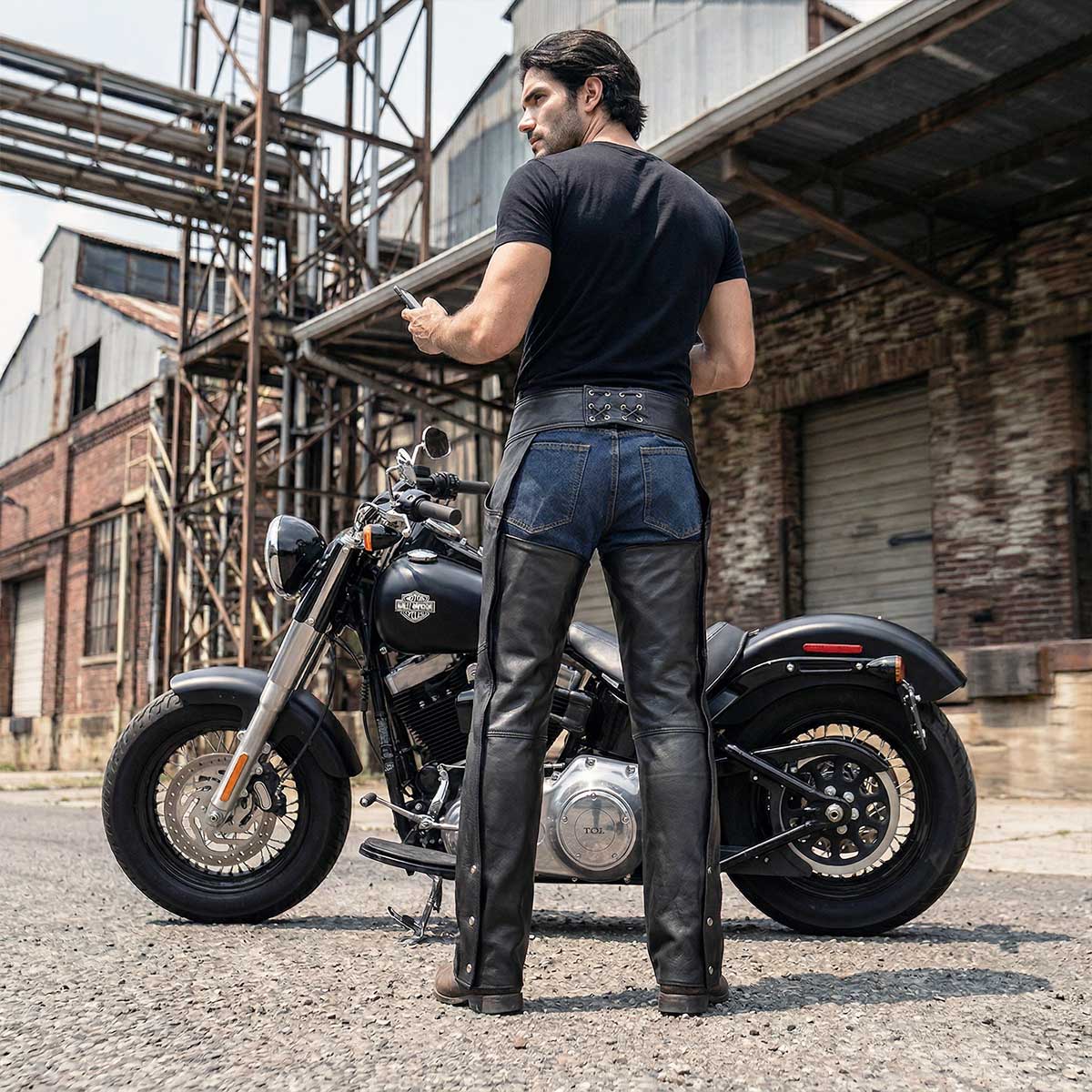 Men's Black Enfold Classic Premium Leather Motorcycle Chaps with Jean Pockets MLM5570