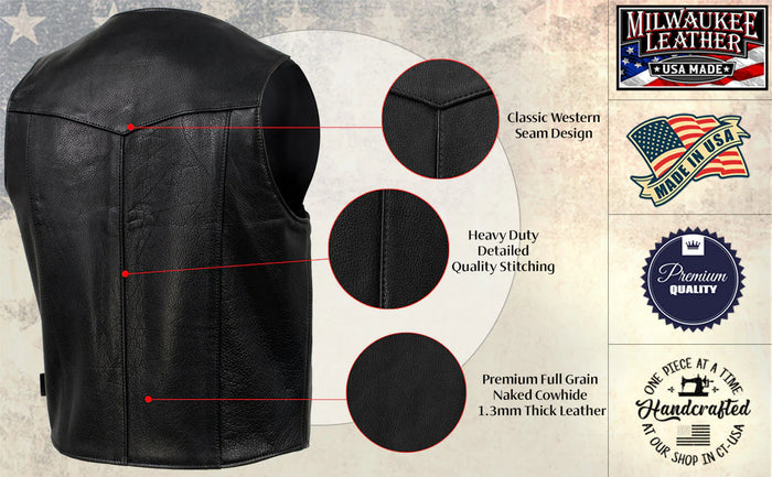 Men's Black 'Classic Western' Premium Motorcycle Leather Vest