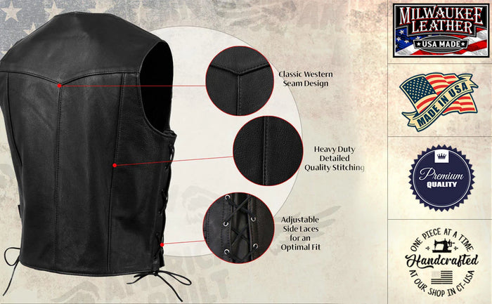 Men's Black 'Buster' Side Lace Premium Motorcycle Leather Vest