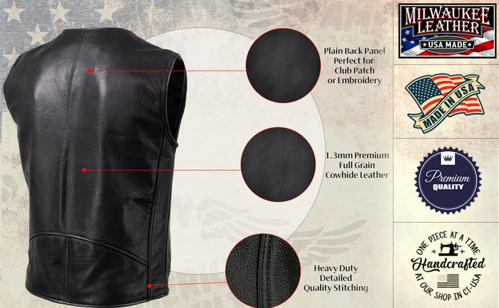 Men's Black 'Slinger' V-Neck Motorcycle Premium Leather Zippered Vest