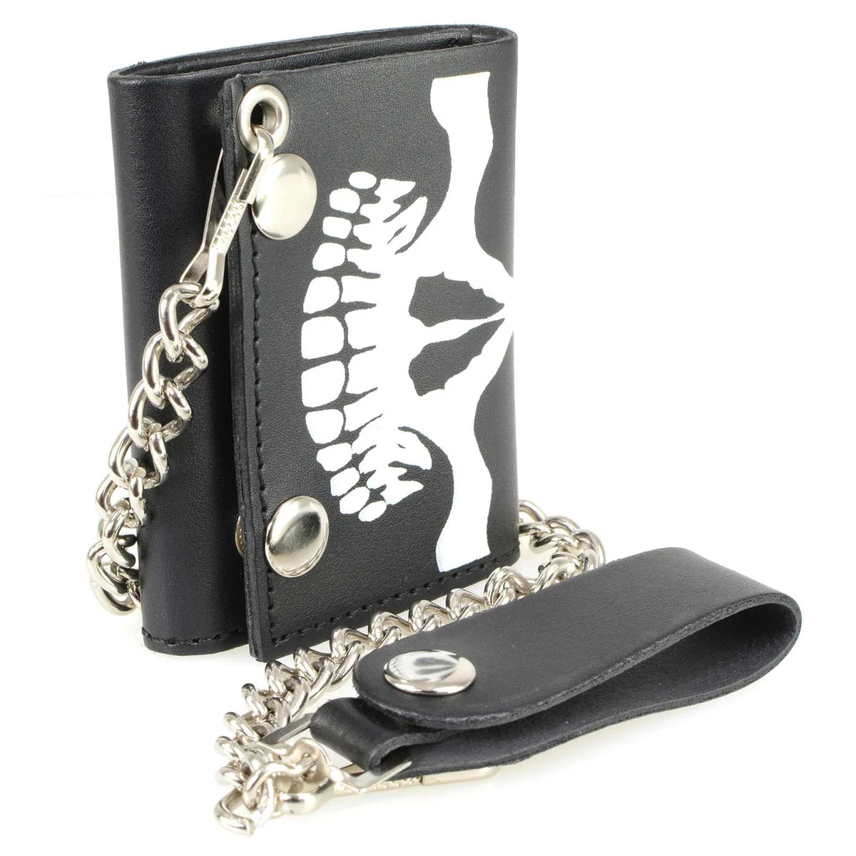 Men's 4” Leather “Skeleton Teeth” Tri-Fold Wallet w/ Anti-Theft Stainless Steel Chain