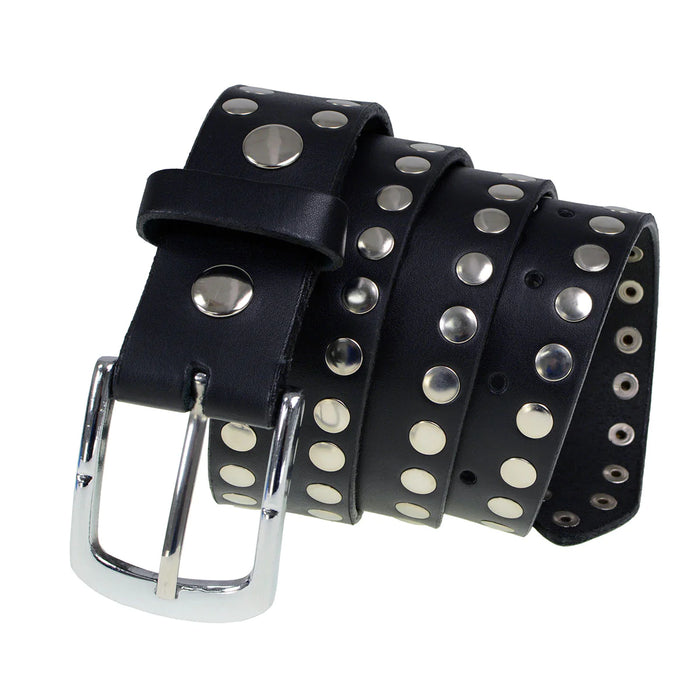 Men's Studded Black Genuine Leather Belt for Biker with Buckle - 1.5 inches Wide