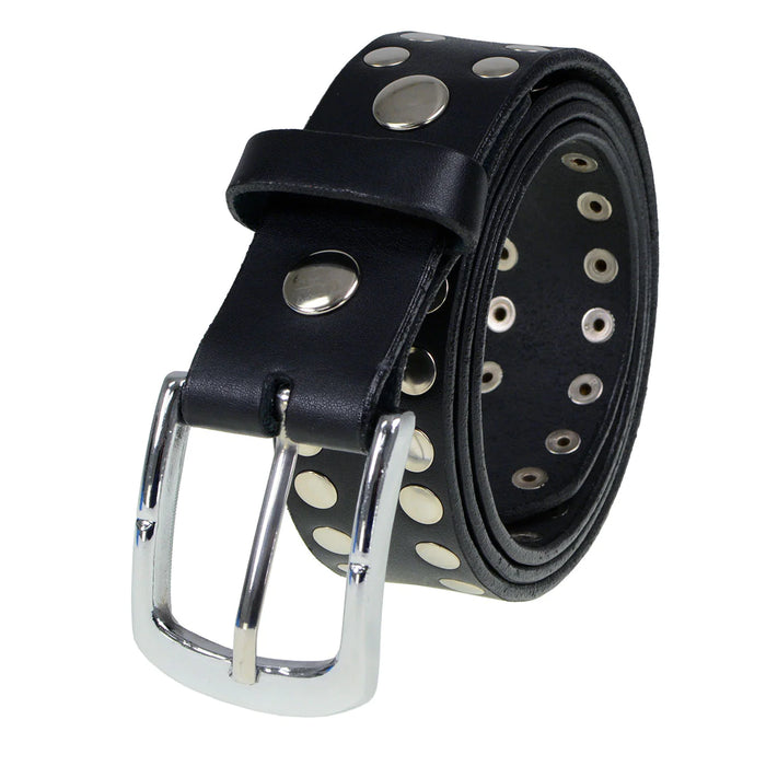 Men's Studded Black Genuine Leather Belt for Biker with Buckle - 1.5 inches Wide