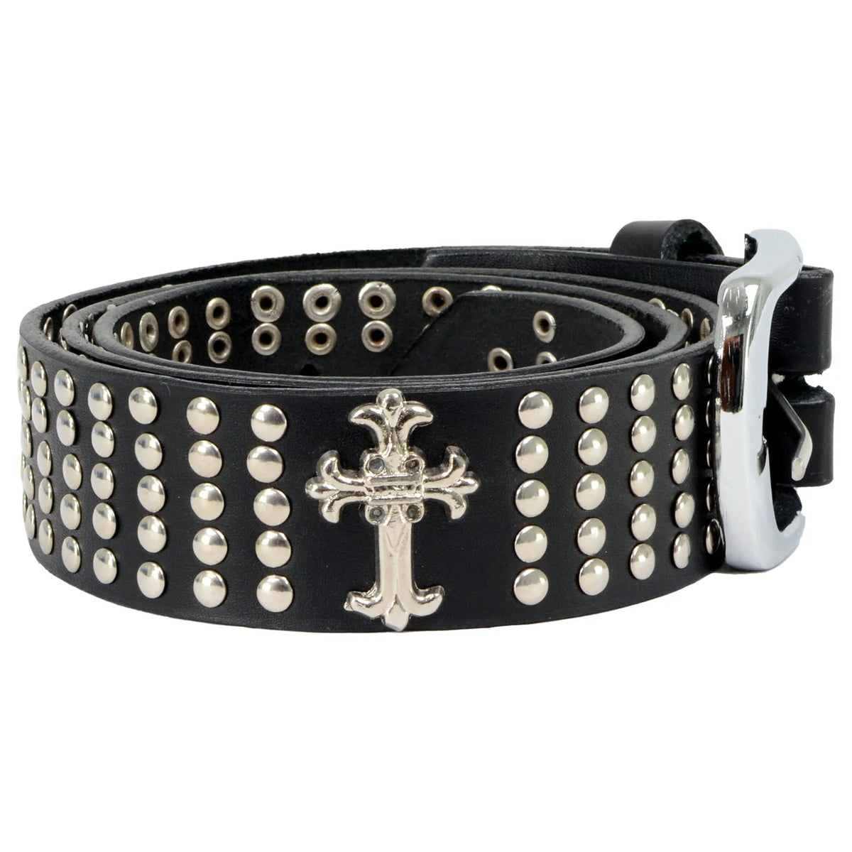 Men's Cross and Stud Black Genuine Leather Biker Belt with Interchangeable Buckle