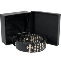 Men's Cross and Stud Black Genuine Leather Biker Belt with Interchangeable Buckle