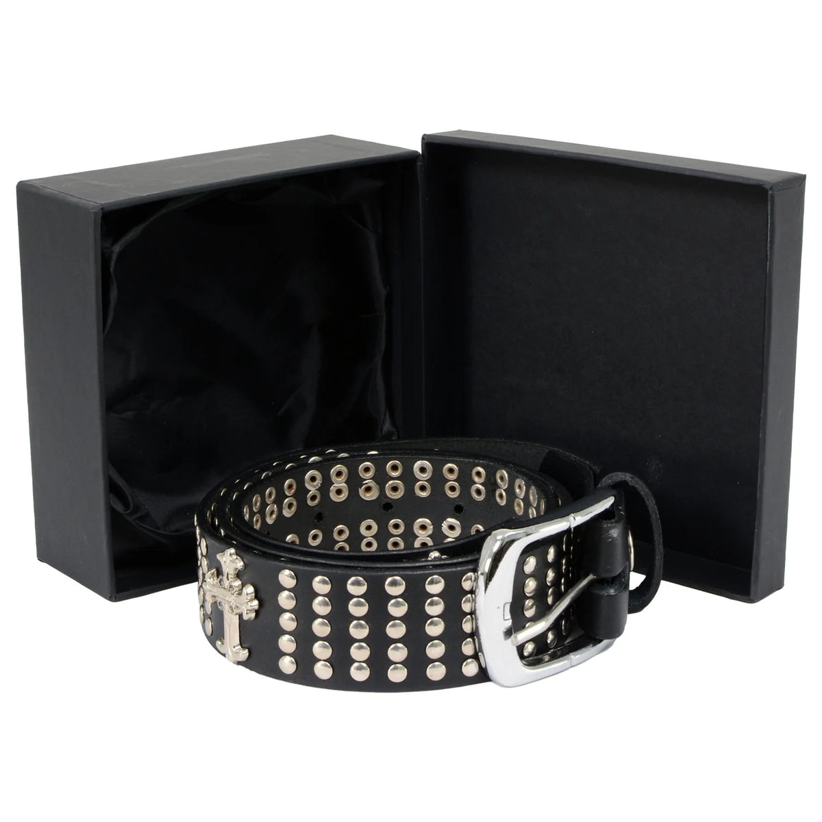 Men's Cross and Stud Black Genuine Leather Biker Belt with Interchangeable Buckle