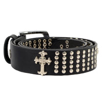 Men's Cross and Stud Black Genuine Leather Biker Belt with Interchangeable Buckle