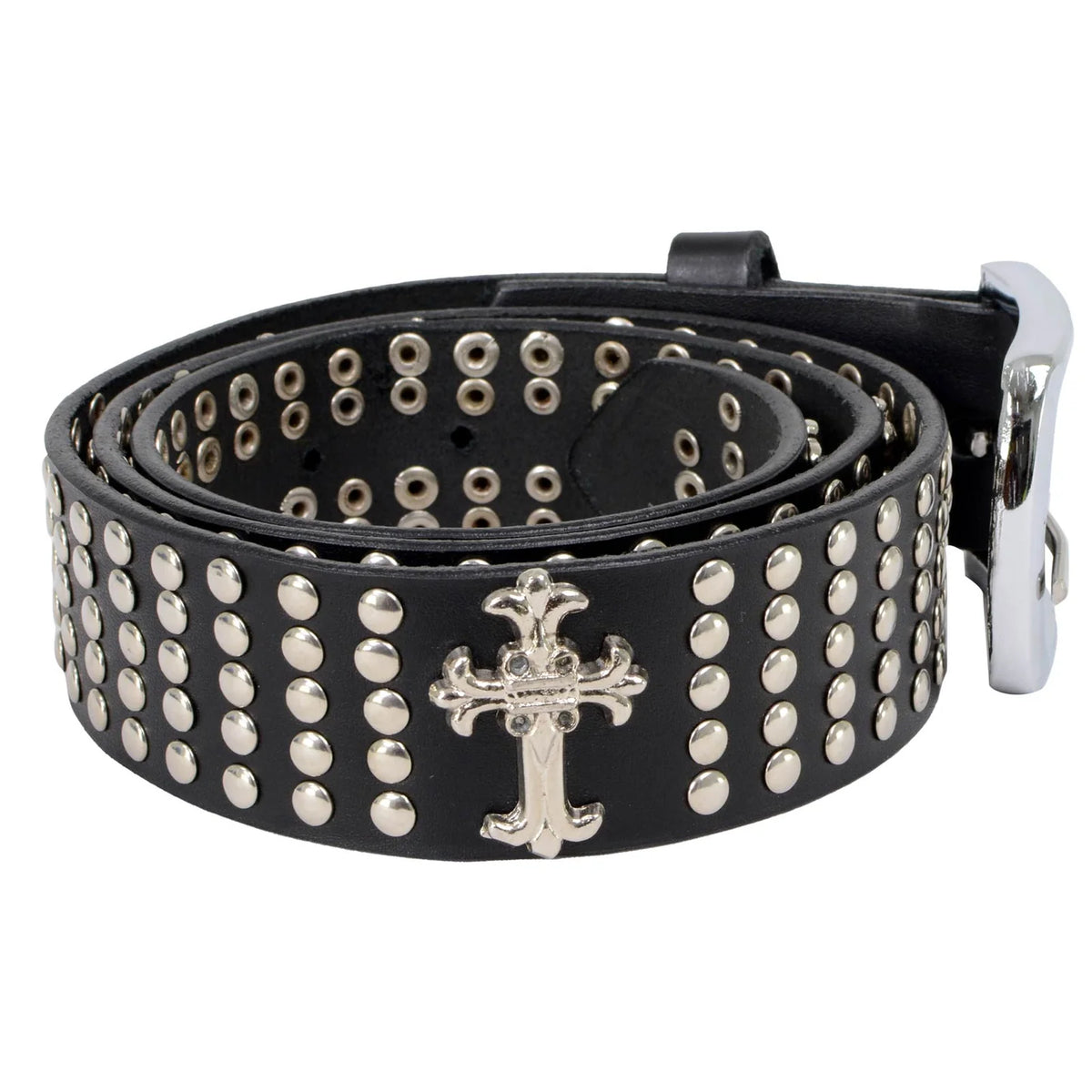 Men's Cross and Stud Black Genuine Leather Biker Belt with Interchangeable Buckle