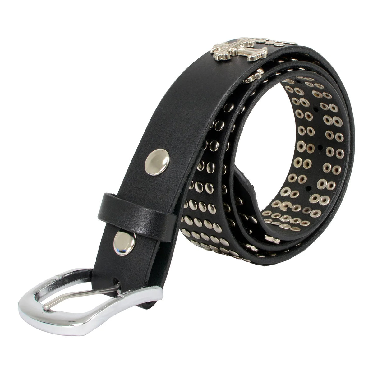 Men's Cross and Stud Black Genuine Leather Biker Belt with Interchangeable Buckle