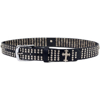 Men's Cross and Stud Black Genuine Leather Biker Belt with Interchangeable Buckle