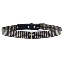 Men's Cross and Stud Black Genuine Leather Biker Belt with Interchangeable Buckle