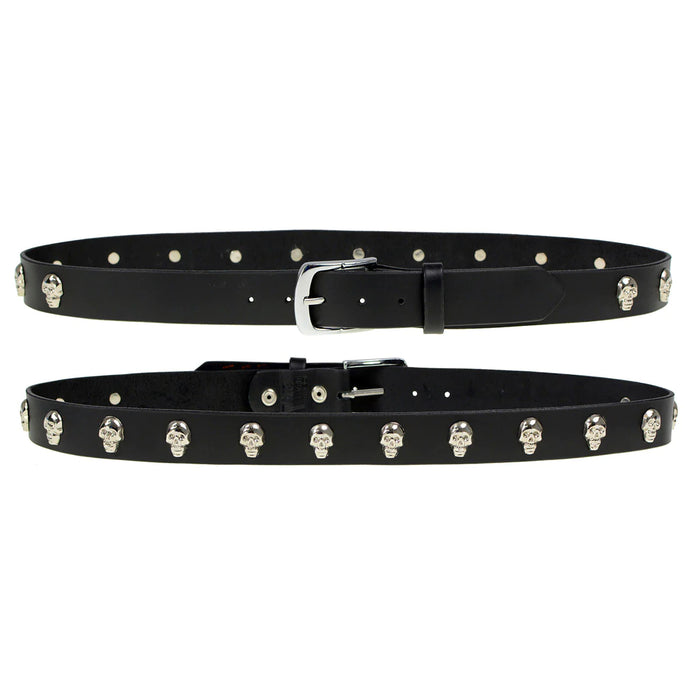 Men's Black Skull Heads Genuine Leather Belt for Biker with Buckle - 1.5 inches Wide