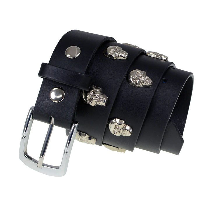 Men's Black Skull Heads Genuine Leather Belt for Biker with Buckle - 1.5 inches Wide