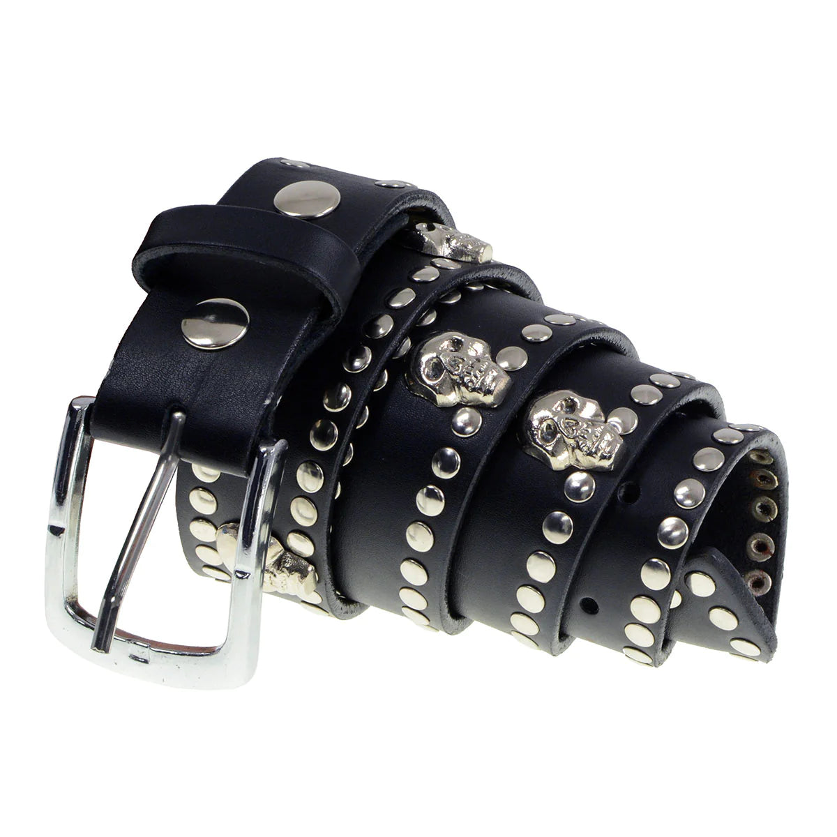 Men's Black Studs and Skulls Genuine Leather Belt for Biker with Buckle - 1.5 inches Wide