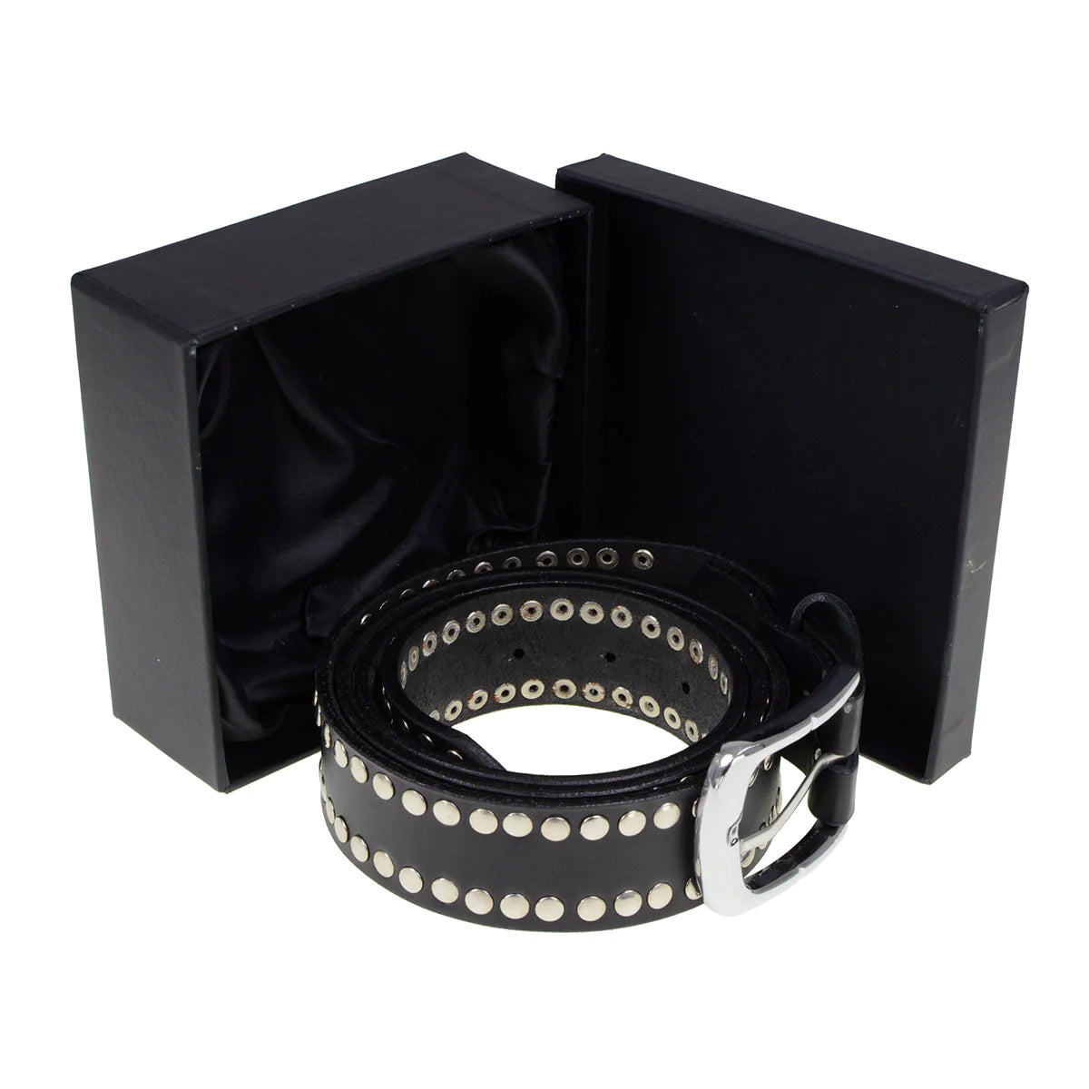Men's Studded Black Genuine Leather Belt for Biker with Buckle - 1.5 inches Wide