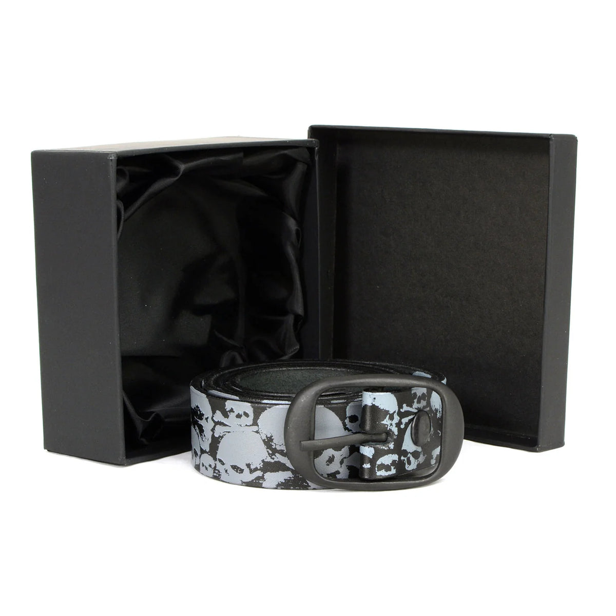 Men's Grey Skull Heads Black Genuine Leather Biker Belt with Interchangeable Buckle