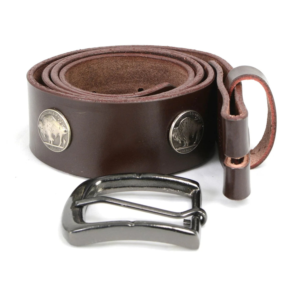 Men's 5 Cent Buffalo Coin - Brown Genuine Leather Belt with Interchangeable Buckle - 1.5 inches Wide