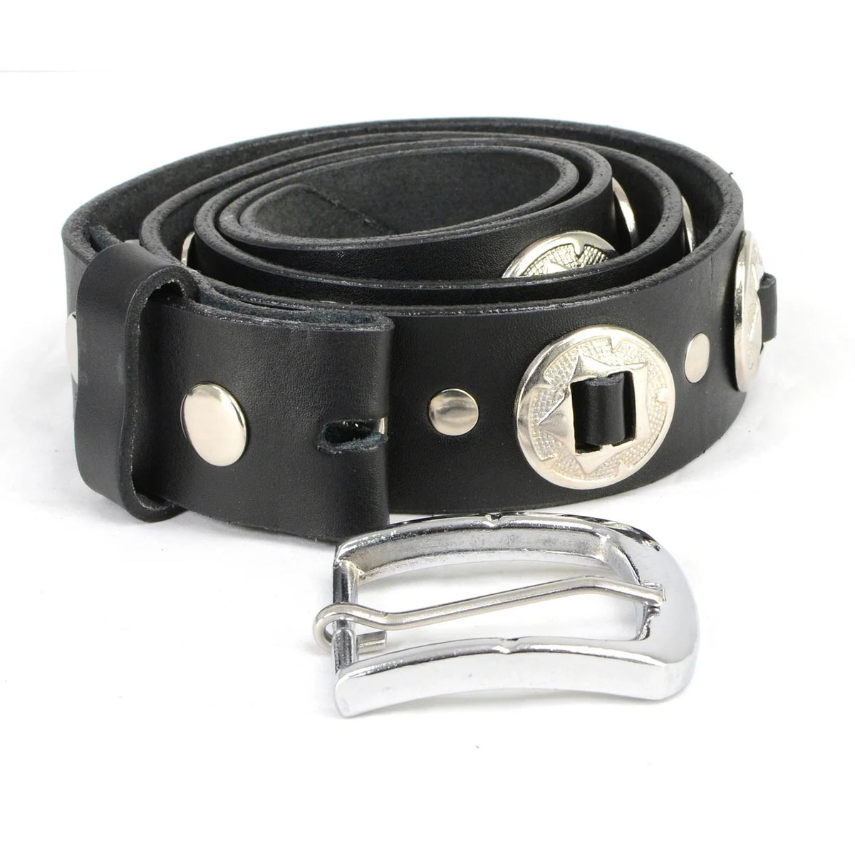 Men's Chrome Conchos - Black Genuine Leather Belt with Interchangeable Buckle - 1.5 inches Wide