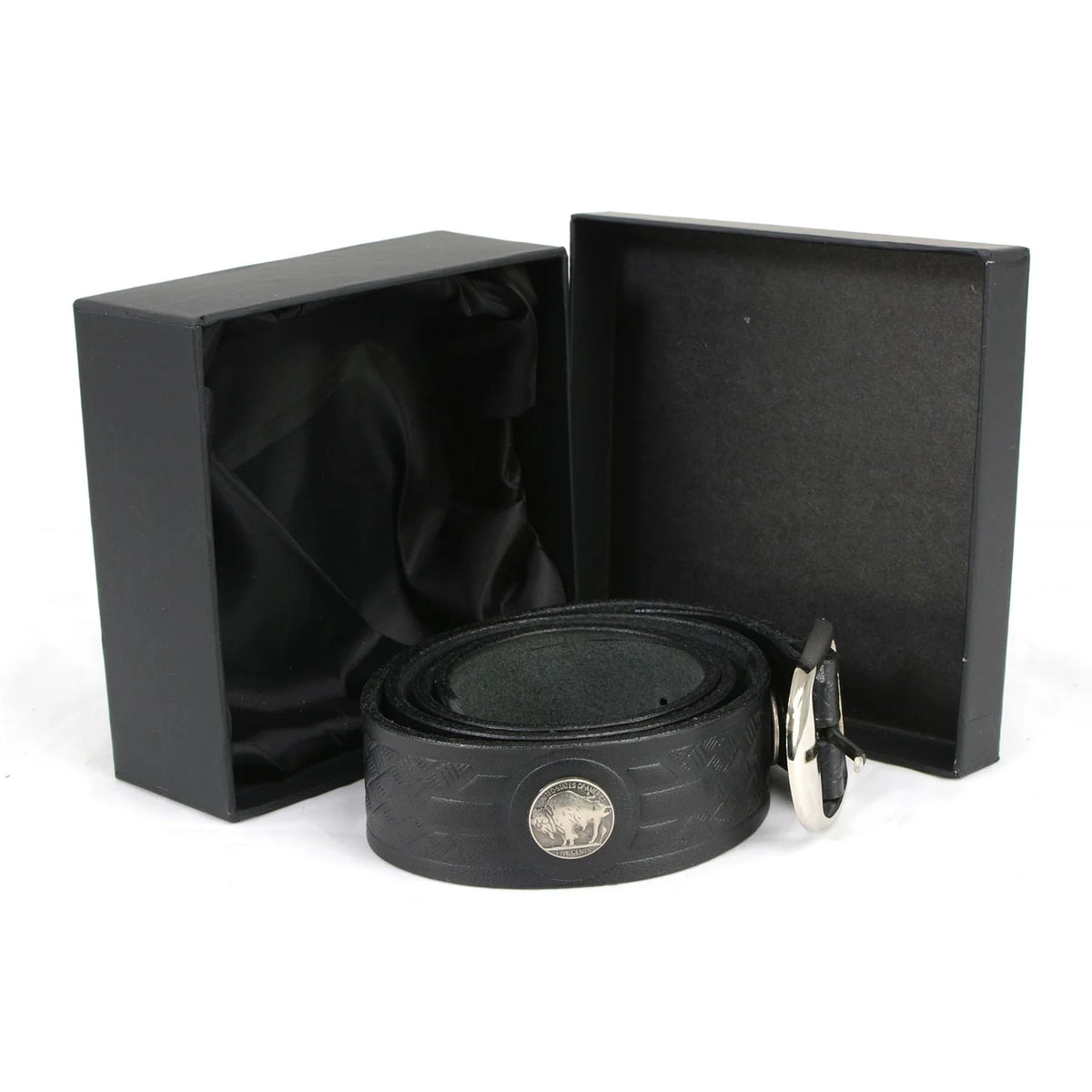 Men's Cross Hatch & 5 Cent Buffalo-Black Genuine Leather Belt w/ Interchangeable Buckle-1.5 In Wide