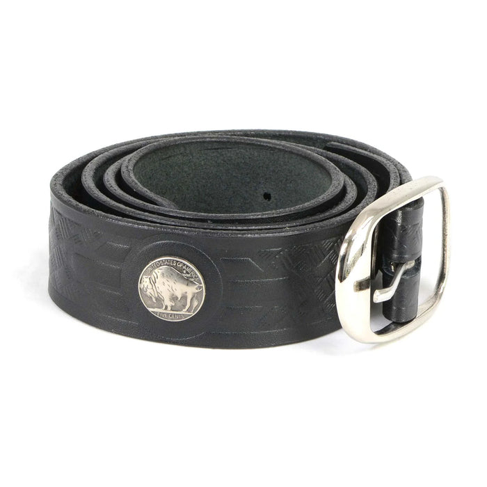 Men's Cross Hatch & 5 Cent Buffalo-Black Genuine Leather Belt w/ Interchangeable Buckle-1.5 In Wide