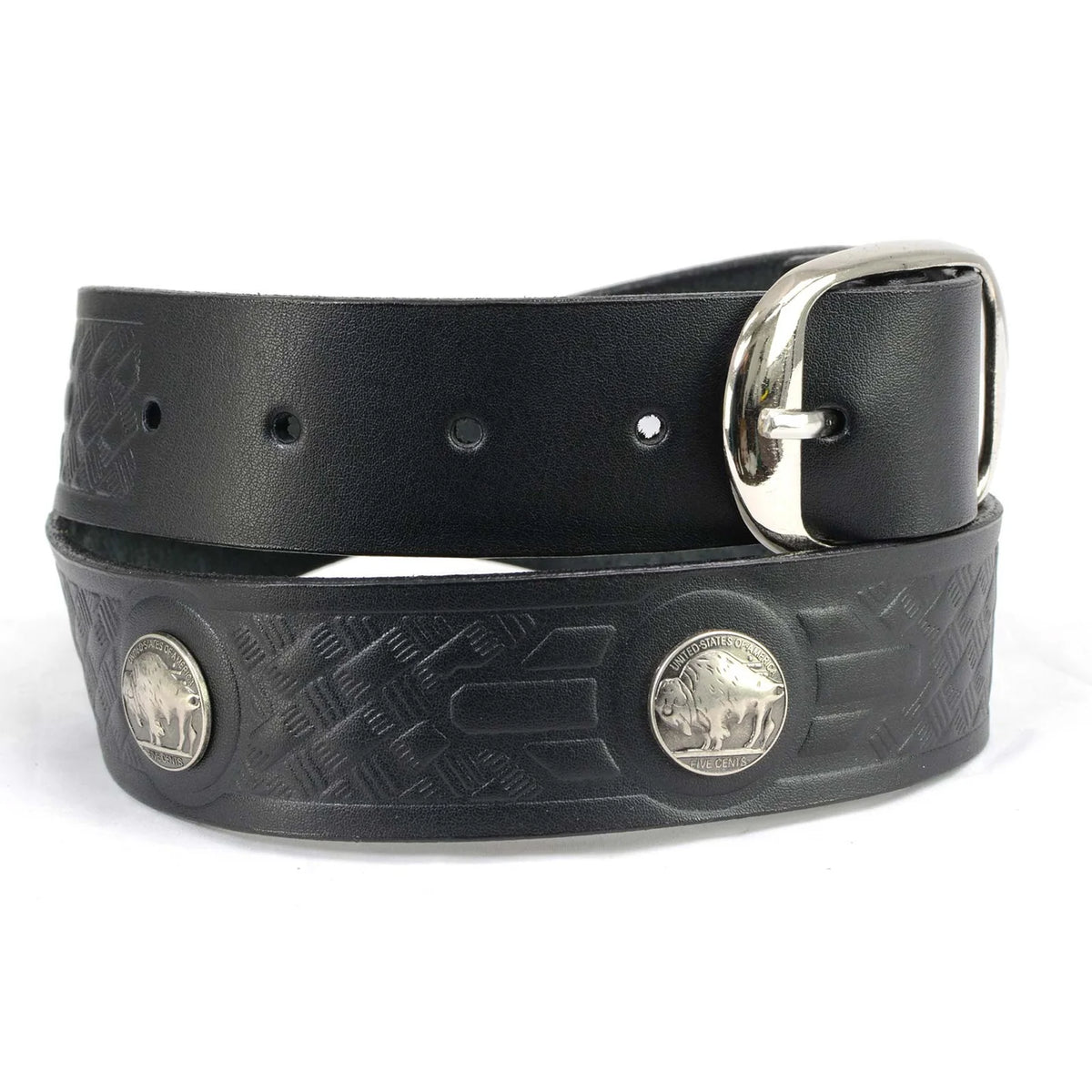 Men's Cross Hatch & 5 Cent Buffalo-Black Genuine Leather Belt w/ Interchangeable Buckle-1.5 In Wide